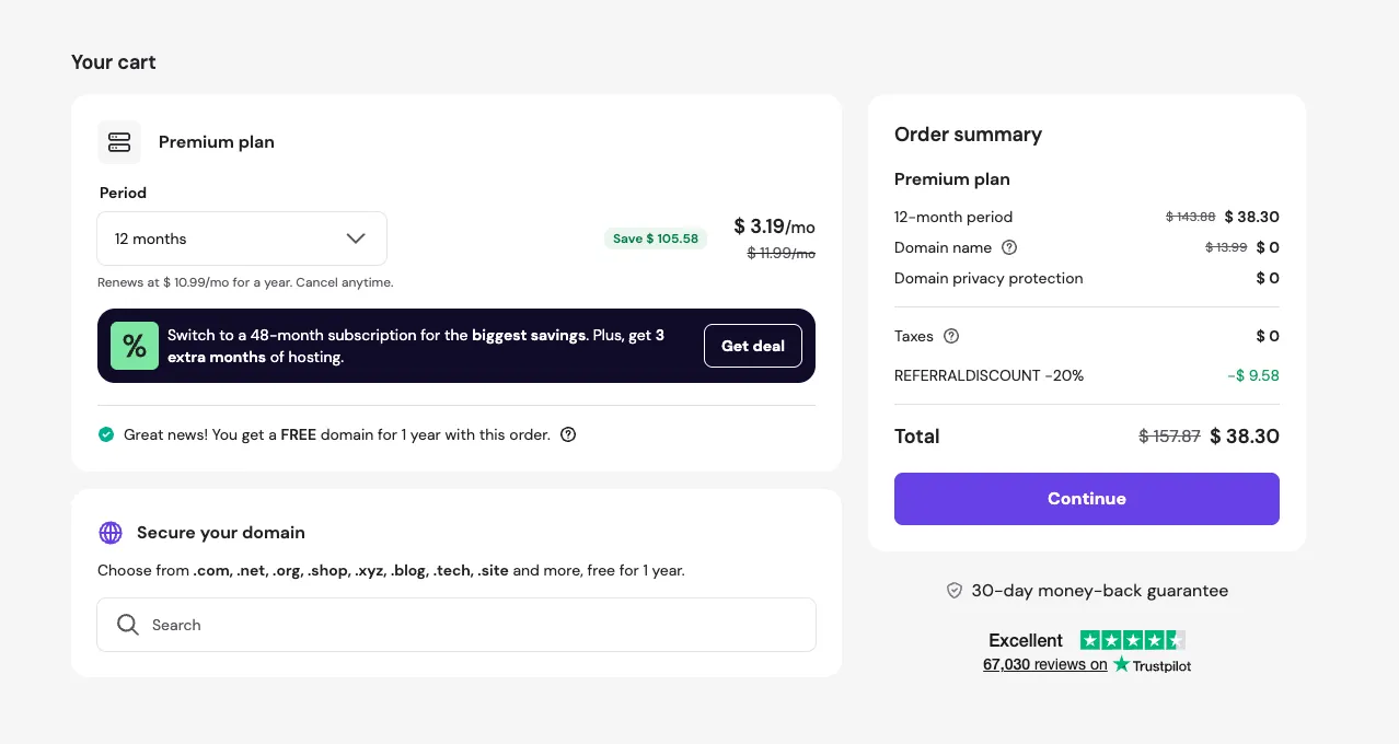 Hostinger Premium 12-month plan checkout with the 20% referral discount applied. Order summary shows $143.88 strikethrough, REFERRALDISCOUNT -$9.58, total $38.30 including a free domain for Year 1.