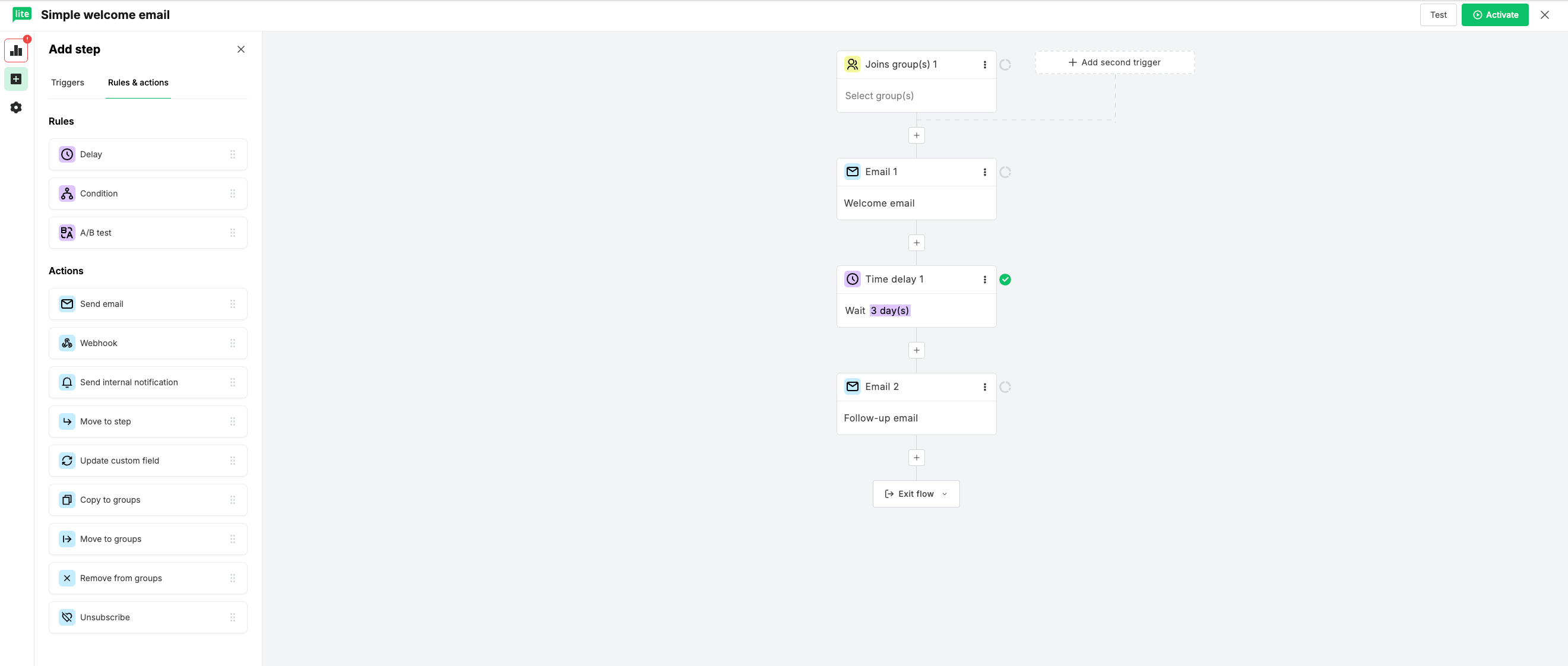 MailerLite's automation builder showing the welcome sequence with subject line, send-delay node, body editor, and Add Email rail on the right